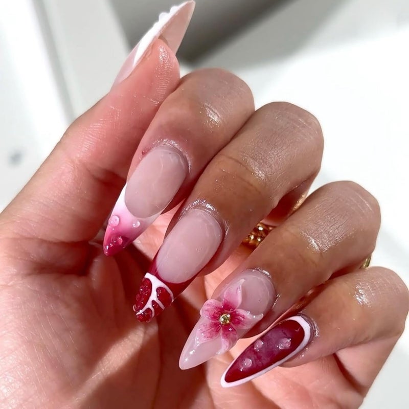 SEENEEY Long Press on Nails Almond Fake Nails Red Artificial Nail Pink Flowers Designs Stick on Nail for Women 24pcs - Image 2